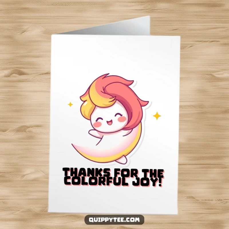 Joyful Free Printable Thank You Card: A happy rainbow swirl character twirls with vibrant energy.