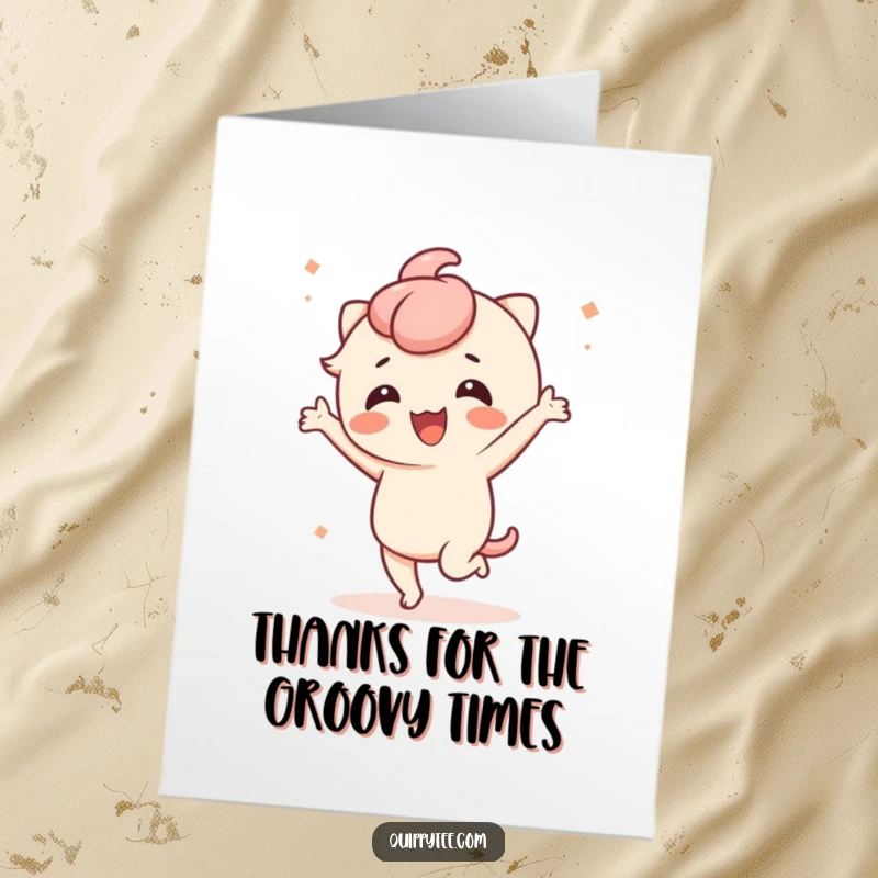 Funny Free Printable Thank You Card of a Kawaii character dancing exuberantly with a playful, amused look.