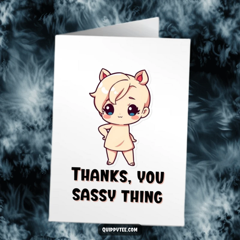 Funny free printable thank you card featuring a cute kawaii character striking a sassy pose, hand on hip, expressing thanks.