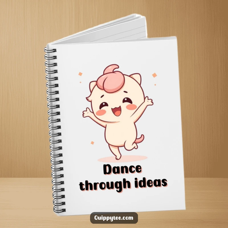 Funny notebook with a cute kawaii character dancing energetically, perfect for jotting down ideas and inspirations.