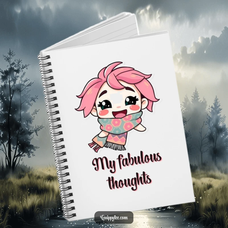 Funny Notebook: A cheerful character wears a wide smile, their flamboyant patterned scarf a symbol of creativity and joy for note-taking.