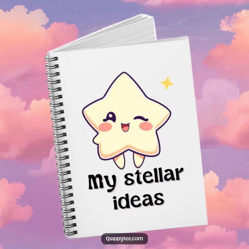 Funny notebook showcasing a cute star character winking playfully, ideal for jotting down notes and creative ideas.