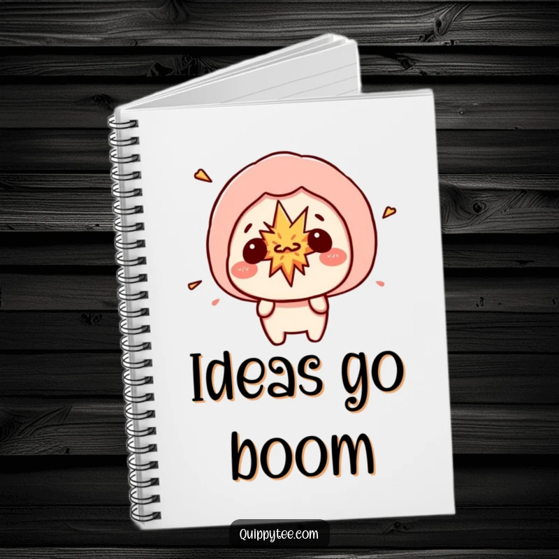 Funny kawaii character with a speech bubble containing a small explosion, symbolizing imagination and surprise on a humorous notebook.
