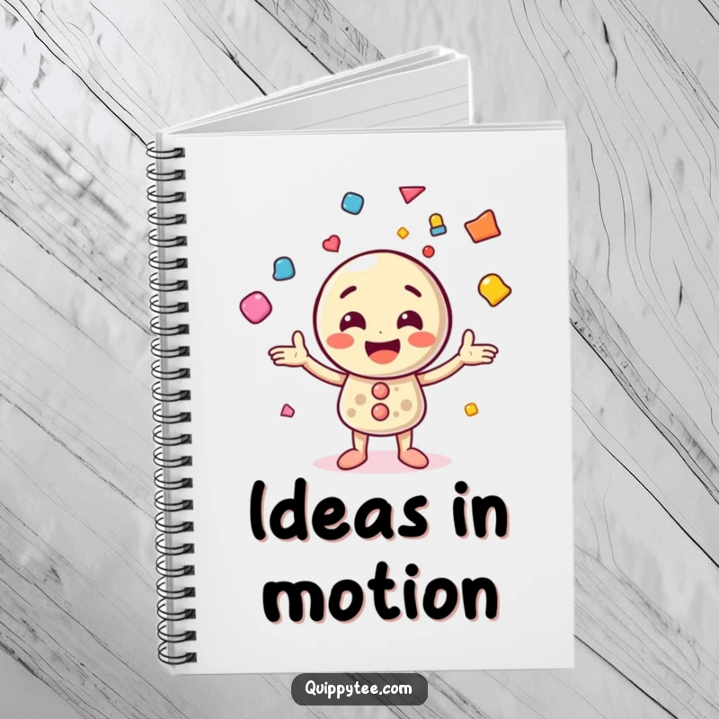 Funny notebook cover featuring a cheerful button character juggling a variety of colorful shapes, perfect for creative note-taking.