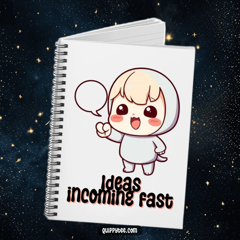 Funny notebook cover with a kawaii character pointing towards a speech bubble, encouraging users to fill it with their own ideas.