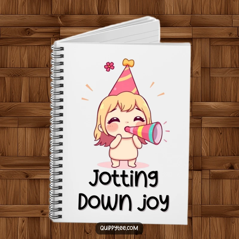 Funny Notebook with an excited character wearing a party hat and blowing a party horn, perfect for notes and party planning.