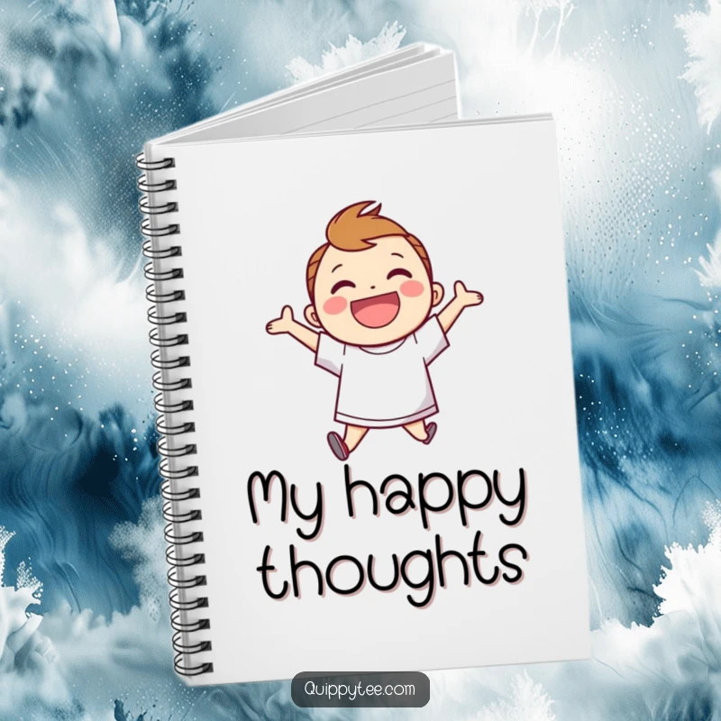 Funny Notebook: Smiling character in a speech bubble shirt, jumping for joy, ideal for capturing happy thoughts and ideas.