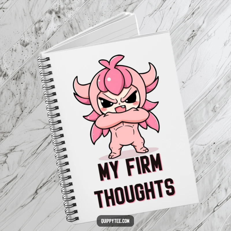 Funny notebook with a cute Kawaii character in a defiant pose with crossed arms, symbolizing strength and self-expression.