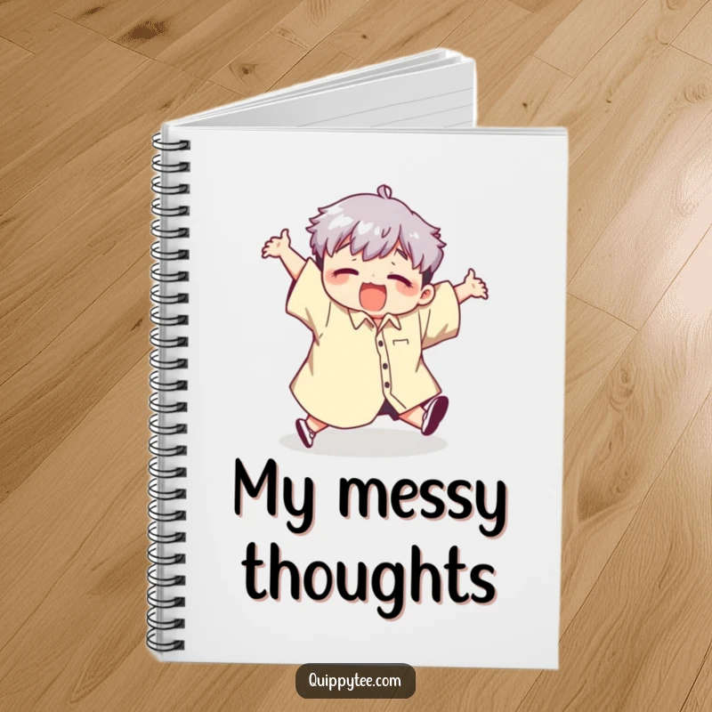 Funny notebook with a cute kawaii character comically tripping while wearing a giant shirt, ideal for jotting down ideas with humor.