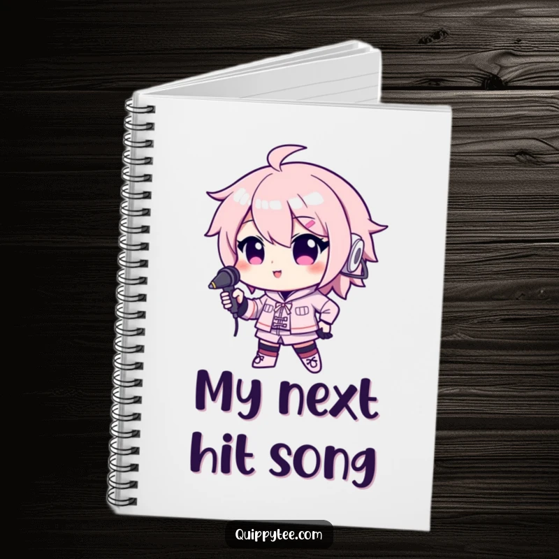 Funny notebook cover with a kawaii character confidently holding a microphone, encouraging users to write their own hit songs.