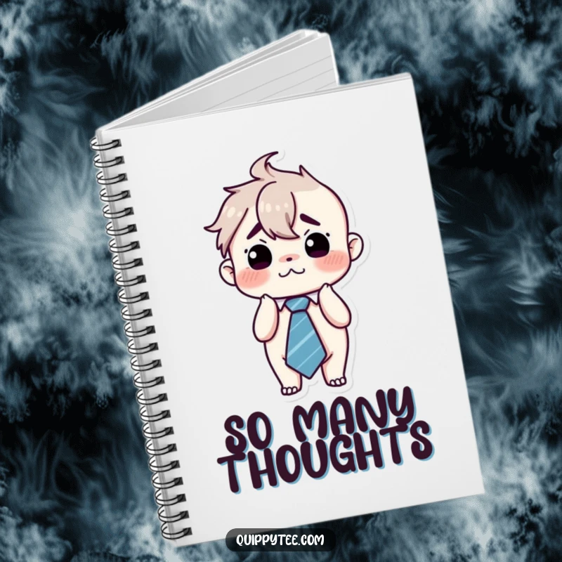 Funny kawaii character looking flustered and wearing an oversized tie, symbolizing organized chaos on a humorous notebook.