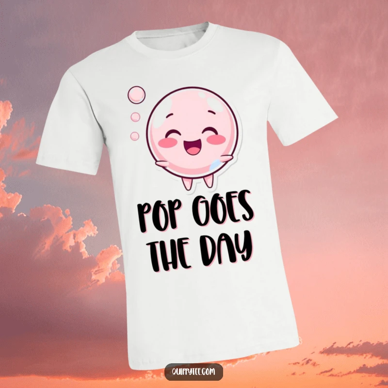 Funny T-Shirt: A delightful bubble character in the act of happily popping, exuding pure joy and playful sound.