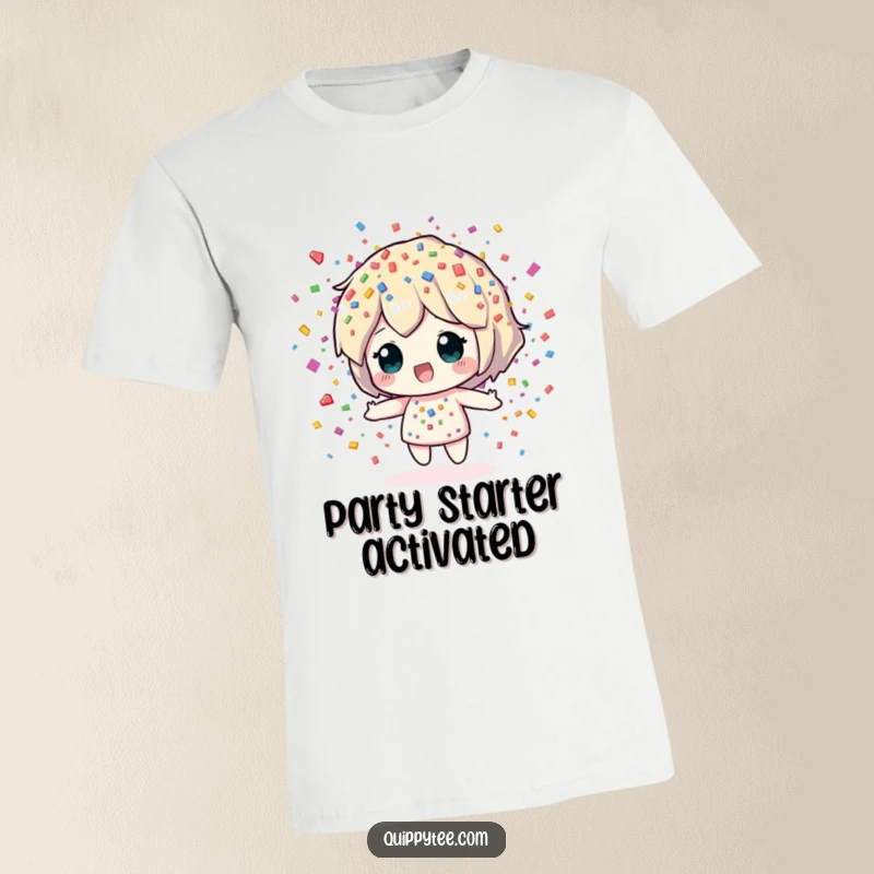 Funny T-Shirt: A cheerful confetti sprite character showering vibrant, colorful pieces, embodying pure celebration and playful energy.