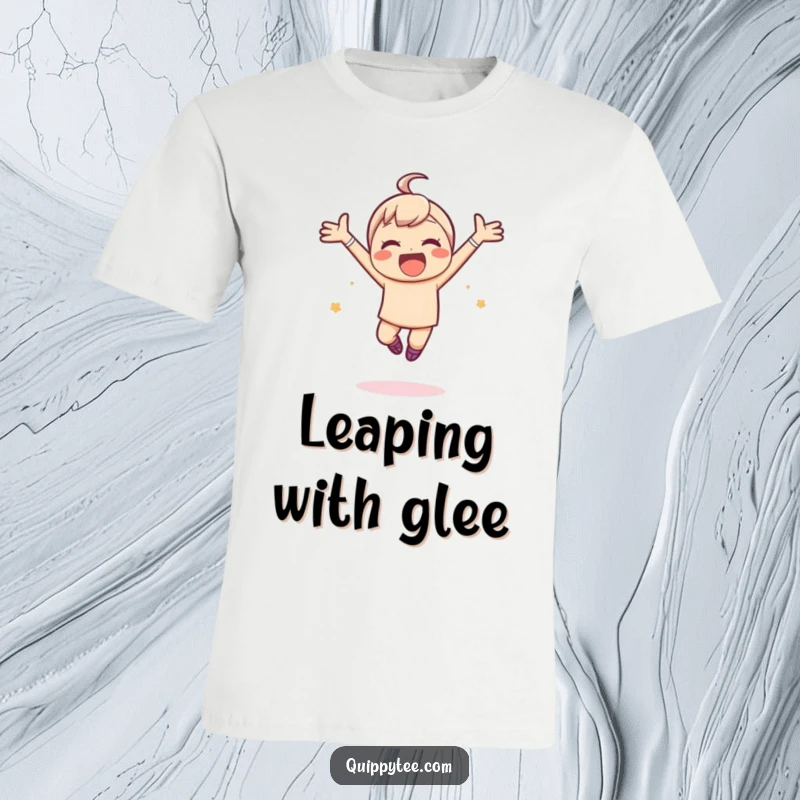 Funny t-shirt showing a kawaii character leaping with arms spread wide, conveying unbridled joy and a sense of boundless freedom.