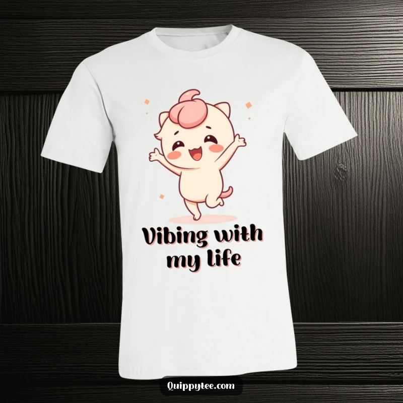 Funny t-shirt with a cute kawaii character dancing energetically and looking amused, ideal for expressing joy and fun.