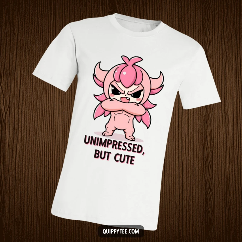 Funny t-shirt with a super cute Kawaii character standing defiantly with crossed arms, projecting adorable strength and resolve.