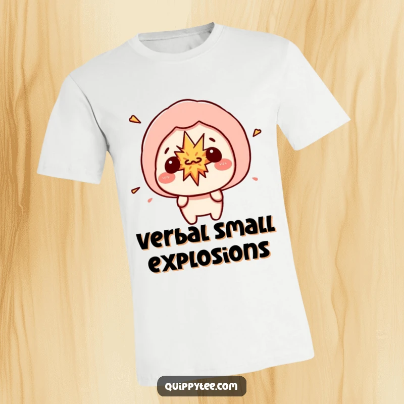 Funny kawaii character with a speech bubble revealing a small, comical explosion, expressing a sudden burst of energy or surprise.