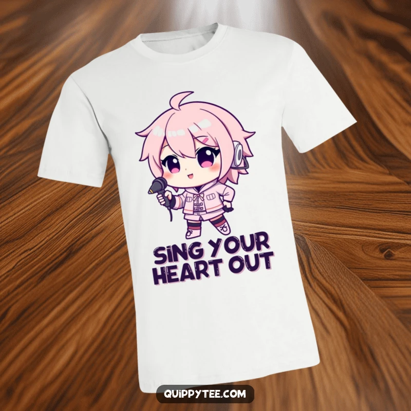 Funny t-shirt showcasing a kawaii character confidently holding a microphone, ready to captivate any audience with their performance.