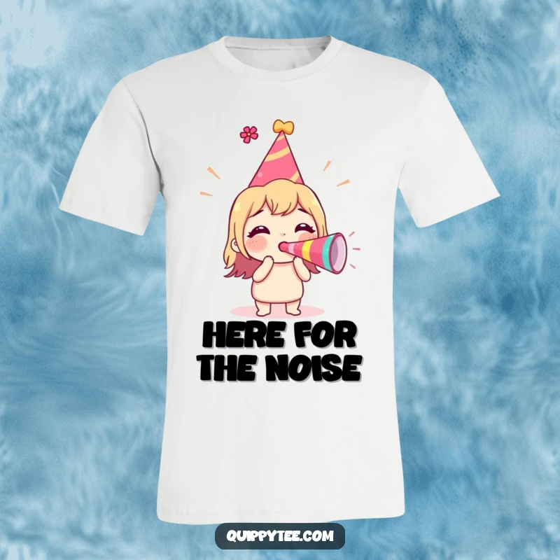 Funny T-Shirt featuring an excited character in a party hat, blowing a party horn with pure, unadulterated joy.