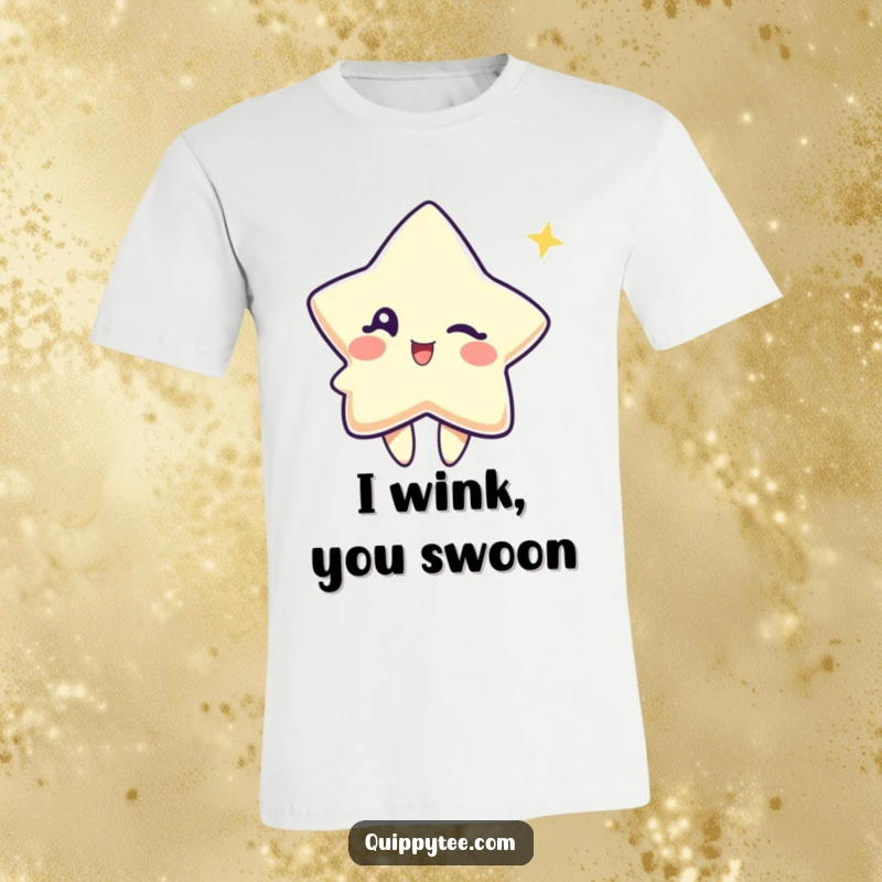 Funny T-shirt displaying a cute star character giving a playful wink, embodying cosmic charm and lightheartedness.