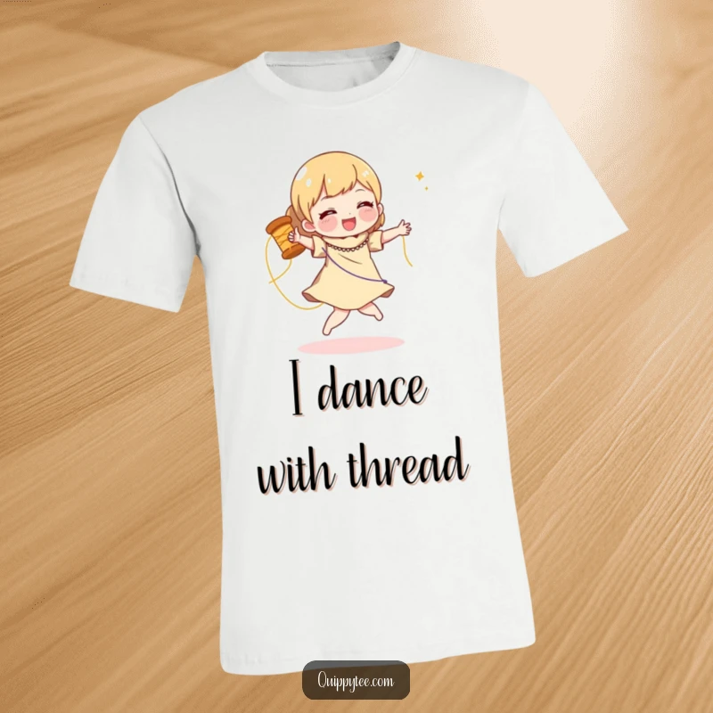 Funny t-shirt with a character doing a joyful dance with a spool of shimmering thread, perfect for crafters.
