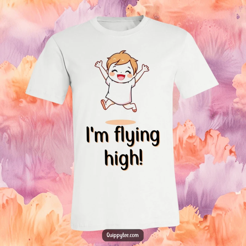 Funny fabric swatch character doing a joyful, energetic leap, dressed in vibrant colors, perfect for a t-shirt.