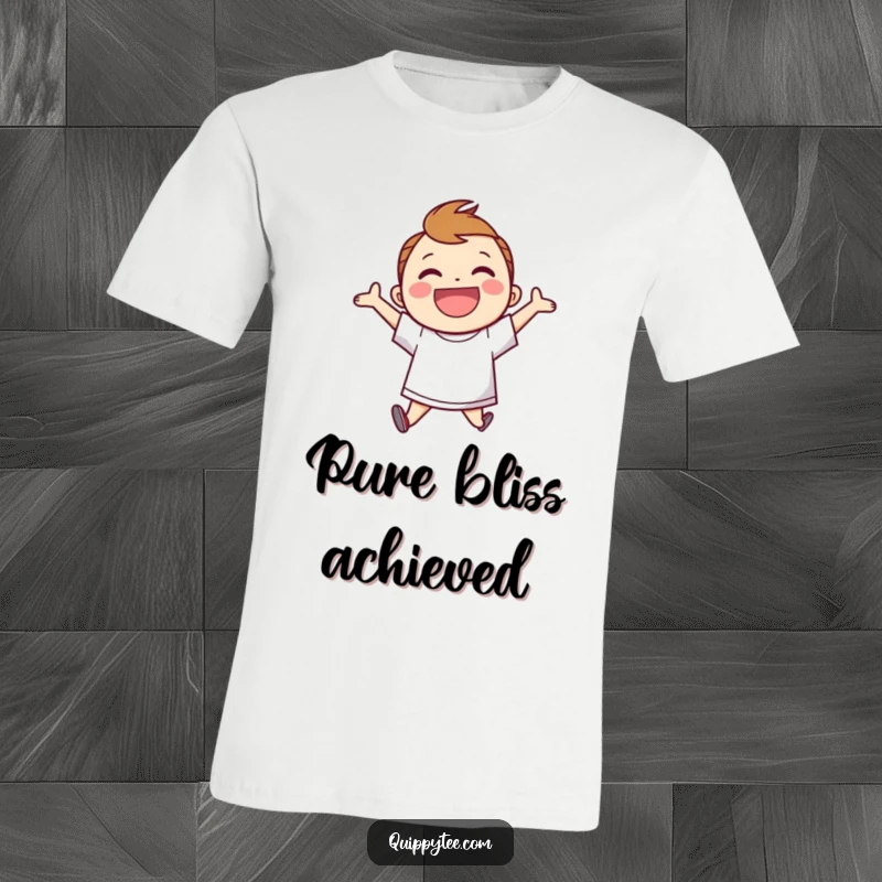 Funny T-Shirt: Smiling character in a speech bubble shirt, jumping for joy, conveying excitement and cheerfulness.