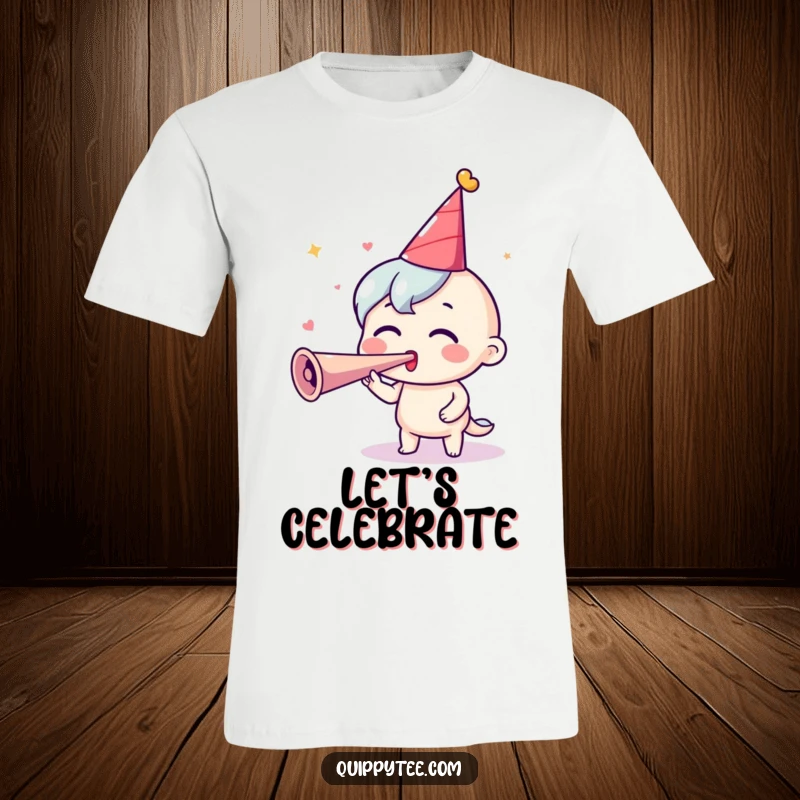 Funny Party T-Shirt: An excited character in a party hat blows a horn, perfect for expressing festive joy.