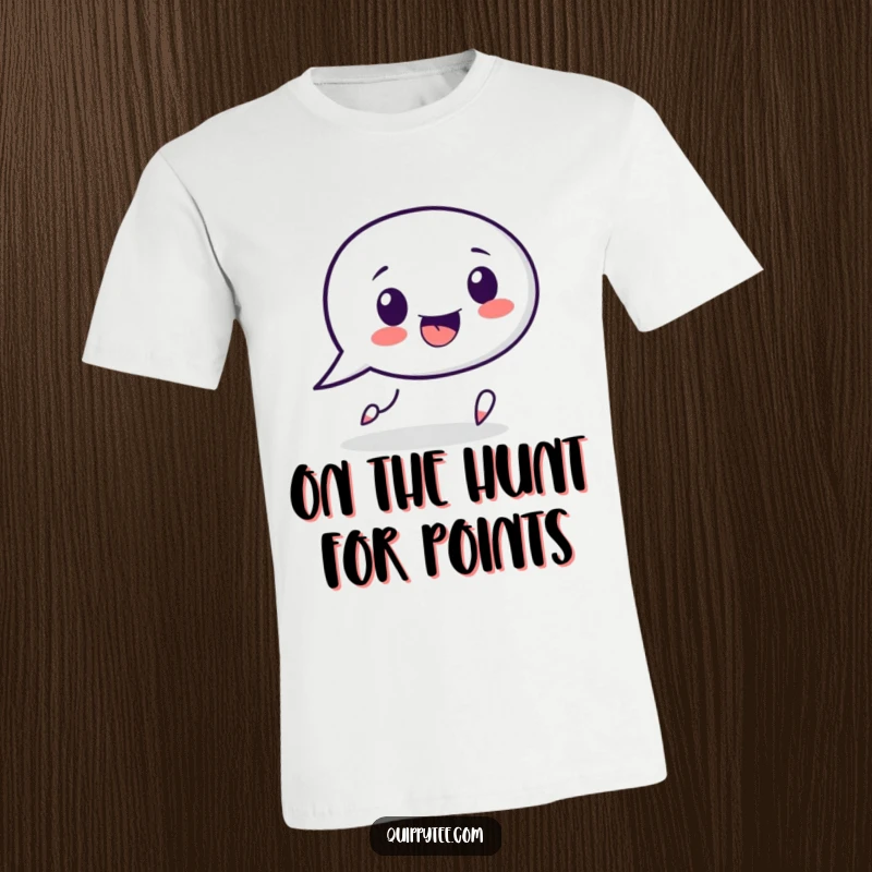 Funny speech bubble character t-shirt, playfully chasing a punctuation mark, representing communication, dialogue, and wit.