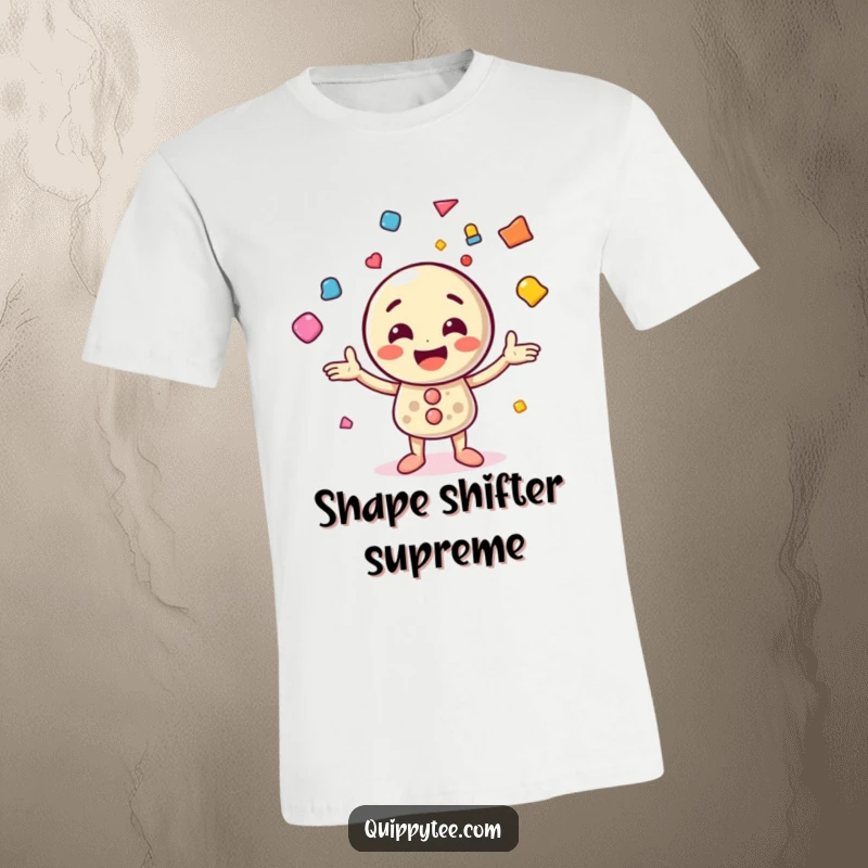 Funny t-shirt showcasing a happy button character mid-juggle with various colorful shapes, embodying fun and energetic play.