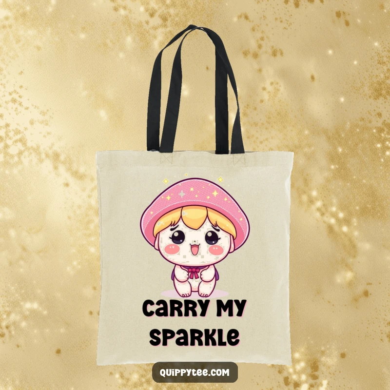 Funny tote bag displaying a kawaii character with an enormous, sparkling hat, perfect for adding flair to any outing.