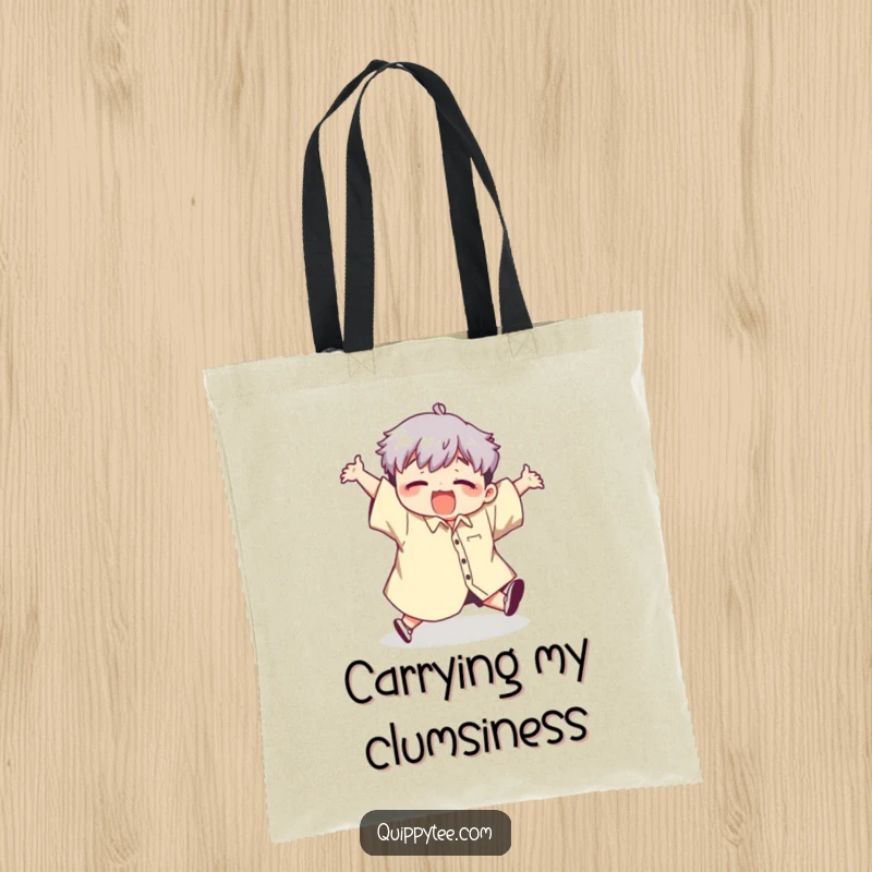 Funny tote bag featuring a cute kawaii character comically tripping while wearing a giant shirt, perfect for carrying essentials with humor.