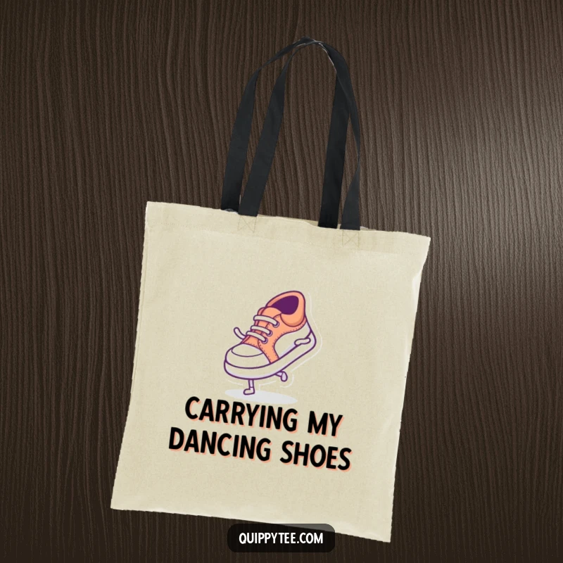 Funny tote bag adorned with a tiny shoe character doing a silly dance, perfect for carrying essentials with quirky charm.