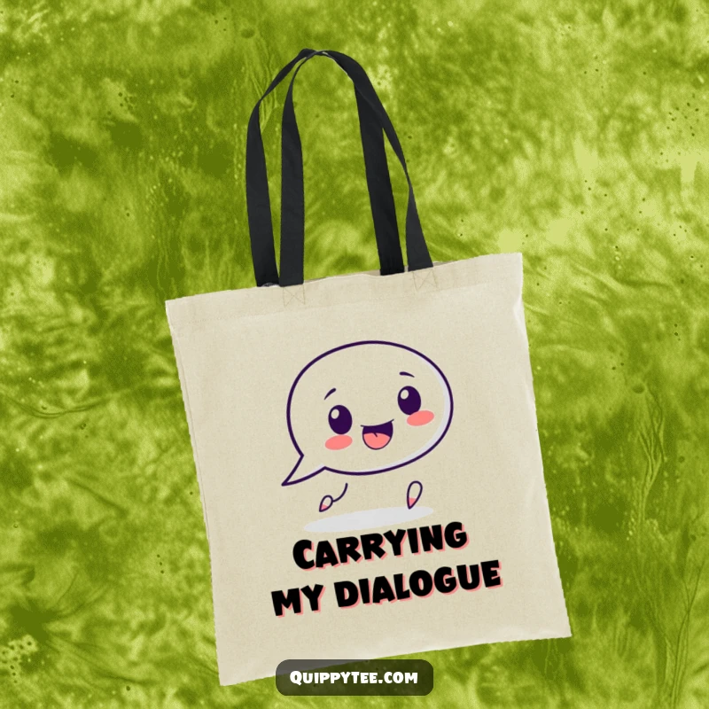 Funny speech bubble character tote bag, playfully chasing a punctuation mark, ideal for carrying essentials with a linguistic flair.