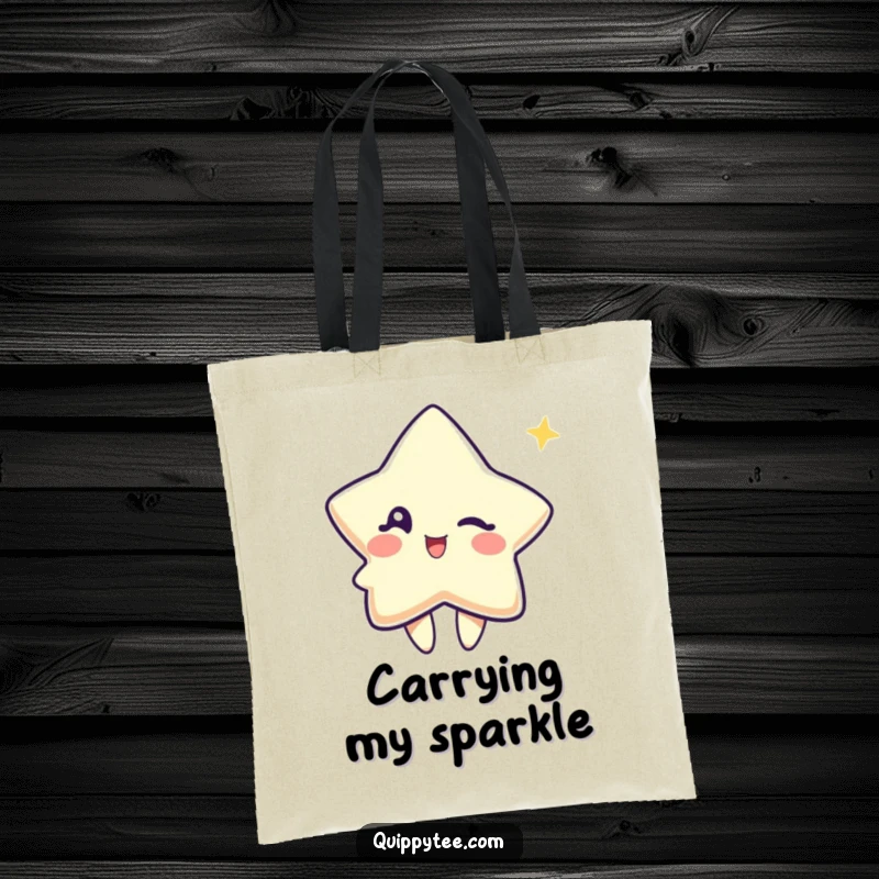 Funny tote bag adorned with a cute star character winking playfully, perfect for carrying essentials with cosmic charm.