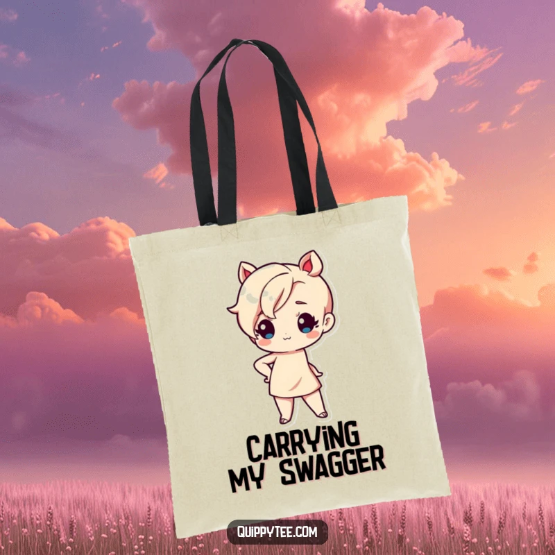Funny tote bag with a cute Kawaii character posing sassily with one hand on hip, radiating adorable confidence and chic attitude.
