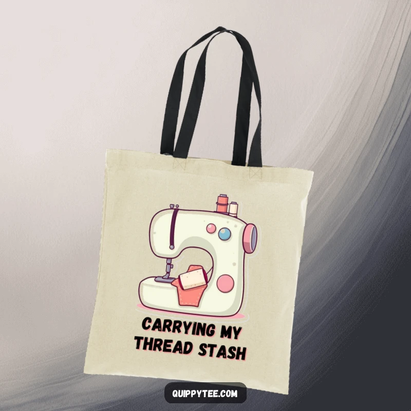 Funny tote bag with a smiling sewing machine and bobbin, perfect for carrying craft supplies with a humorous and stylish flair.