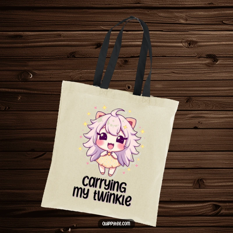 Funny tote bag featuring a sparkle dust character bursting with excitement, perfect for carrying essentials with dazzling energy.