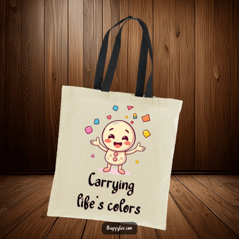 Funny tote bag depicting a happy button character juggling colorful shapes, adding a vibrant and fun element to everyday carry.