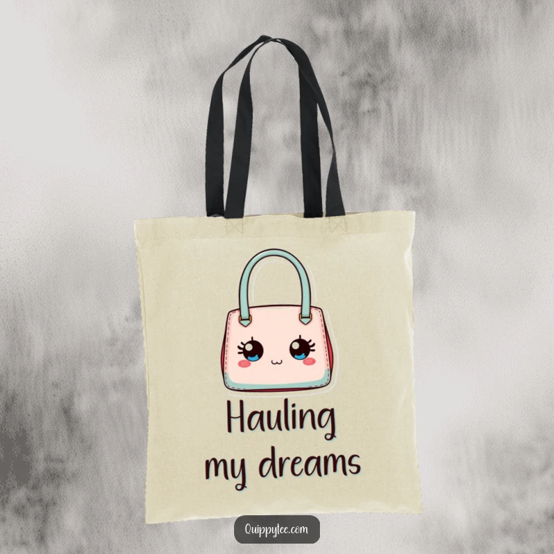 Funny tote bag with a tiny designer handbag with expressive eyes, perfect for stylish everyday use.