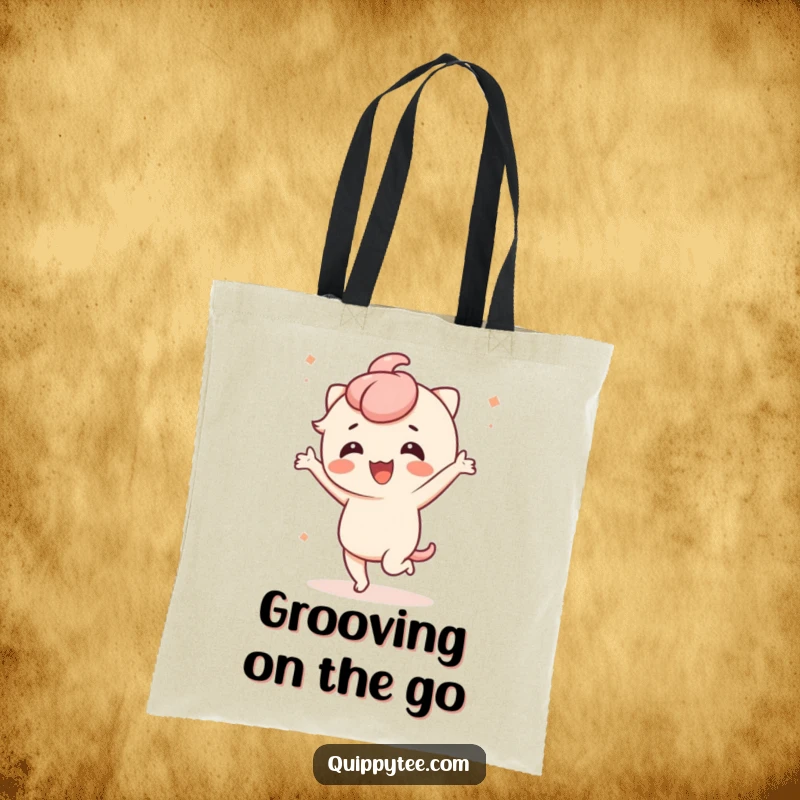 Funny tote bag featuring a cute kawaii character dancing energetically, perfect for carrying party essentials and fun vibes.