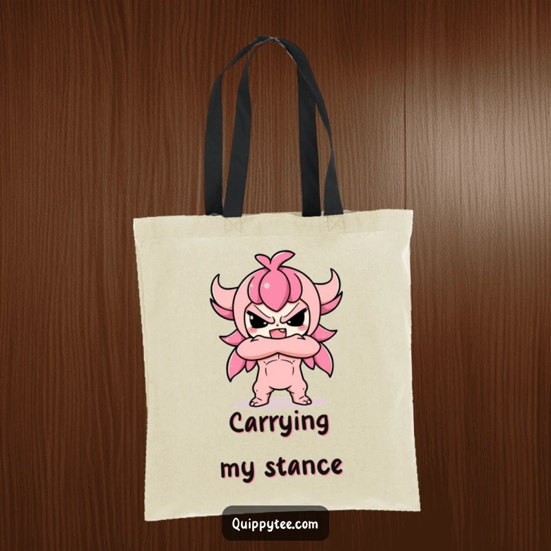 Funny tote bag with a cute Kawaii character standing defiantly with arms crossed, radiating adorable confidence and refusal.