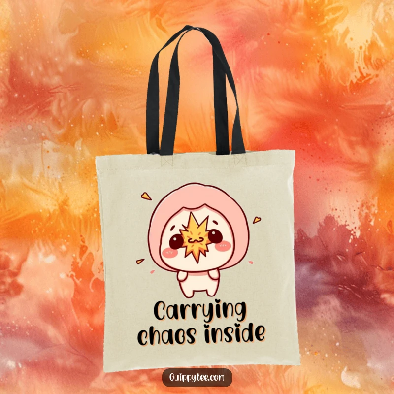 Funny kawaii character holding a speech bubble with a small, comical explosion, ideal for a tote bag that signifies fun surprises.