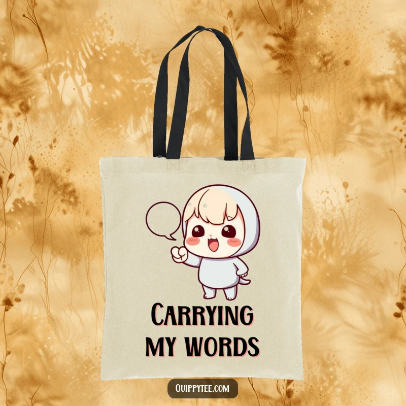 Funny tote bag featuring a kawaii character pointing emphatically at a speech bubble, signifying communication and carrying important messages.