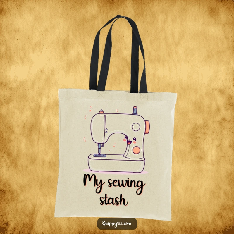 Funny tote bag decorated with a stylized sewing machine humming a delightful tune, perfect for carrying sewing essentials with joy.