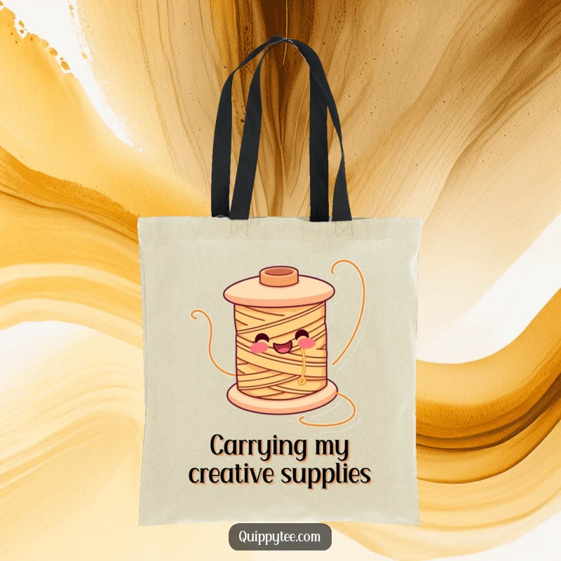 Funny tote bag featuring a smiling spool of thread character unwinding joyfully, ideal for carrying crafting supplies.