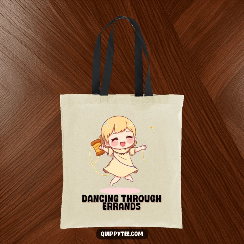 Funny tote bag with a character doing a joyful dance with a spool of shimmering thread, ideal for carrying art supplies.