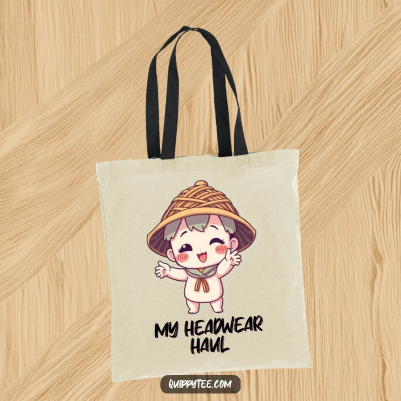 Funny Tote Bag: A character strikes a funny pose, proudly wearing a creative hat made from interwoven threads, ready for errands.