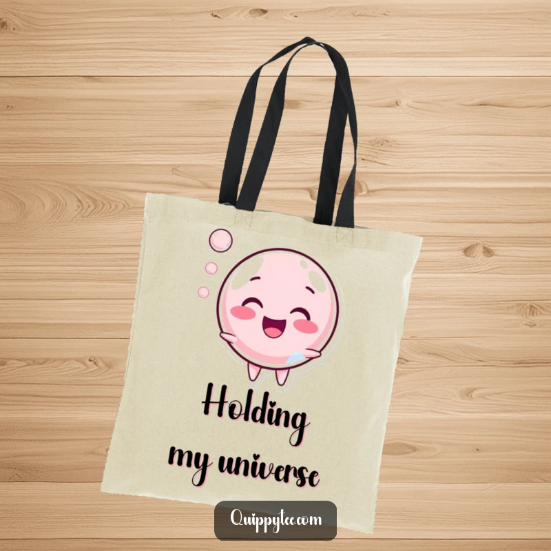 Funny Tote Bag: A happy bubble character popping with a sound, perfect for carrying everyday items with a playful vibe.